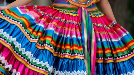 Colorful traditional Mexican folkloric dance dresses display vibrant patterns