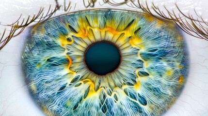   A tight shot of an eye iris featuring a blue circular mark at its core