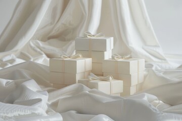 White Gift Boxes Piled Up on Fabric Backdrop