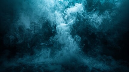 Fototapeta na wymiar A blue-and-white smoke texture, positioned centrally against a dark blue and black backdrop, is illuminated by a white light situated atop the smoky expanse