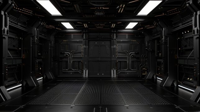 Futuristic sci-fi spaceship interior with illuminated panels and dark metal walls