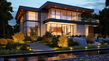 Obraz premium Residential sustainable house at night, modern mansion with woodwork and lights in forest in summer. Concept of architecture design, home, estate, property