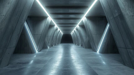 Grey concrete garage background, inside futuristic modern room or hall, underground tunnel with white led light. Concept of studio, background, interior, warehouse