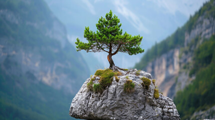 Mountain landscape with small lonely tree in summer, scenic one pine on cliff top, amazing view....
