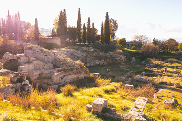 Sunlit ancient theater ruins in Corinth, perfect for history, culture, and travel themes. Corinth,...