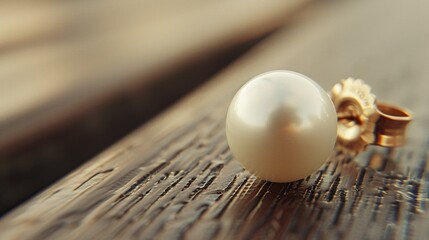   A tight shot of a pearl-adorned ring against a wooden backdrop The background is also composed of wood