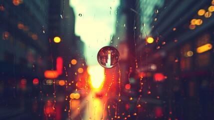   Through a rain-splattered window, a city street is visible, bathed in sunlight that filters through, casting a warm glow on wet surfaces Buildings stand tall in the background, their