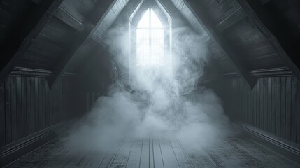  room with light from window, smoke emerging from floor