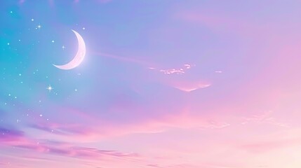 Serene crescent moon in a dreamy pastel sky with twinkling stars