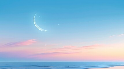 Fototapeta na wymiar Serene beach sunset with crescent moon and twinkling stars