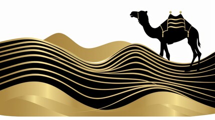 Elegant camel silhouette on abstract golden desert waves
