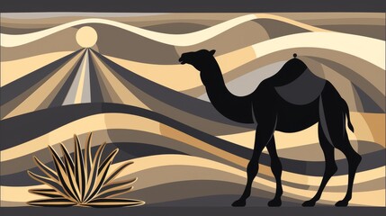 Serene desert sunset with silhouette of camel in artistic geometric style