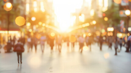 Bustling city street at sunset with people walking