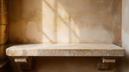   A stone bench sits in a room's corner near the window Light filters through, casting a shadow on the adjacent wall