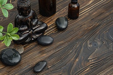 Tranquil zen spa setup with buddha statue, essential oils, and stones on wooden background