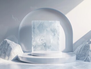 Minimalist ice podium, crystal clear design, snowy winter backdrop, ideal for cool-tone skincare products