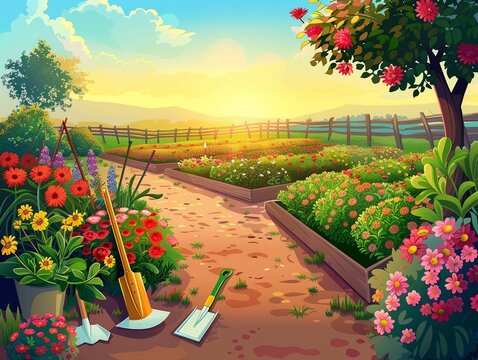 Colors cartoon illustration shows a fenced garden at sunset. A variety of flowers in bloom fill the garden, with gardening tools leaning against the tree plants.