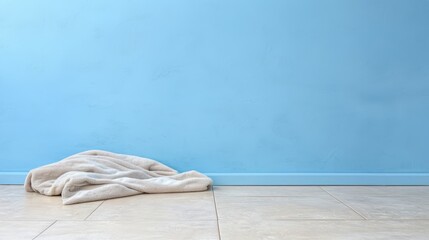   A blanket lies on the floor, in front of a blue wall Behind it, there's a light blue backdrop