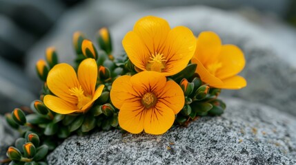   A cluster of yellow blooms atop a gray stone, adjacent to a mound of green foliage and pebbles