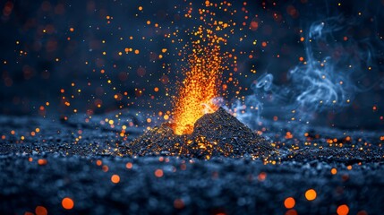   A tight shot of a mound of soil with fire burning from its mid-top - obrazy, fototapety, plakaty