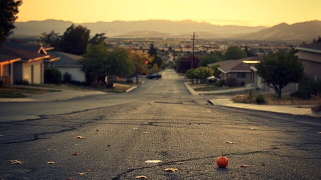   A deserted residential street Houses line the distance A solitary ball lies on the asphalt