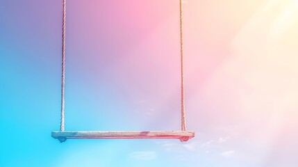   A wooden swing suspended from a chain against a backdrop of blue, pink, and green hues, framed by a sky