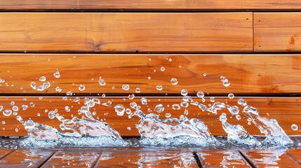   A collection of water droplets hitting a wooden floor, preceded by a wooden wall, and featuring a backdrop of a wooden slatted wall - obrazy, fototapety, plakaty