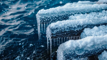   A tight shot of a snow-covered bench nestled by a water body, its surface mirror-like, waves gently lapping in the backdrop - obrazy, fototapety, plakaty