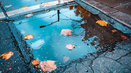   A sidewalk puddle holds a street sign, surrounded by fallen leaves