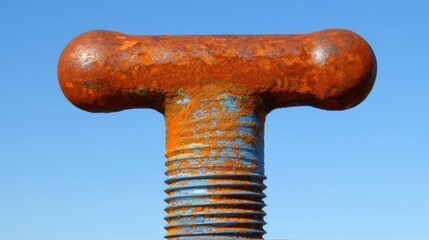   A tight shot of a weathered metal item against a backdrop of a clear blue sky