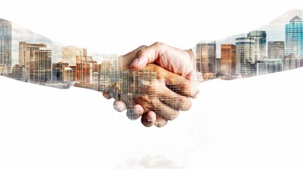 double exposure handshake between businessman on a cityscape background, isolated on white background