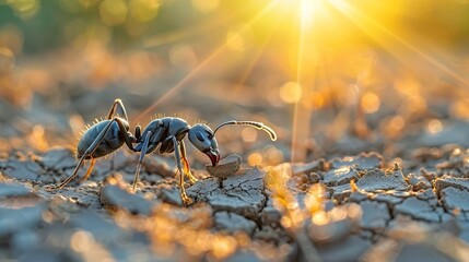   A few ants atop a sunlit dry grass field