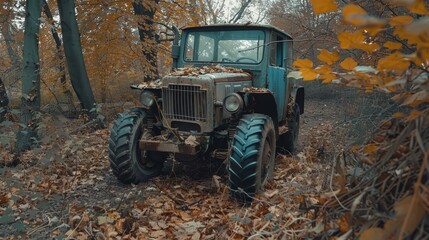   An old green tractor sits in a wooded area, surrounded by autumn leaves on the ground, with trees as a backdrop