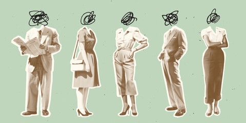 Retro Surreal Collage Set. Trendy halftone clip art elements in a retro-futurism style, includes men and women. Vintage psychedelic dotted texture for poster art or social media. Contemporary concept.