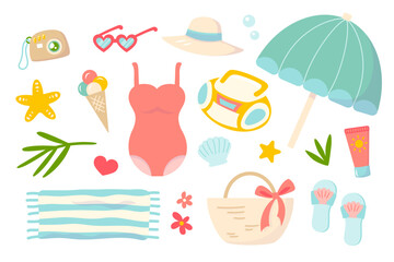 Summer beach vector set design elements. Cute bright hand drawn sticker in flat style for summer holiday. Icon cartoon collection