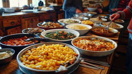   A collection of individuals gathered around a wooden table laden with plates and bowls brimming with food