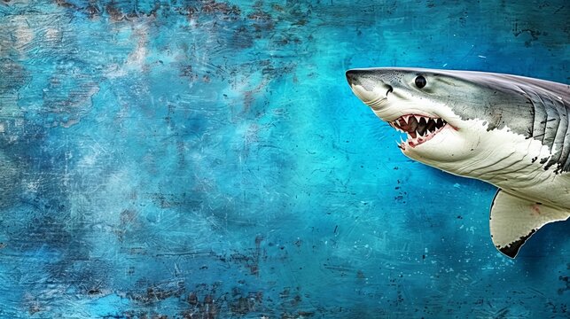   A great white shark painting with an open jaw against a blue backdrop