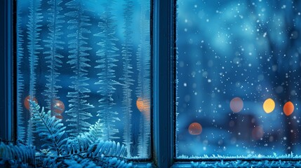   A window draped in snow, adjacent to a sill, frames a snowy forest vista beyond - obrazy, fototapety, plakaty