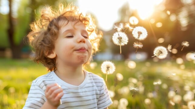   A little girl blows on a dandelion amidst a field of waving grass, as the sun illuminates the yellow blooms through their delicate petals