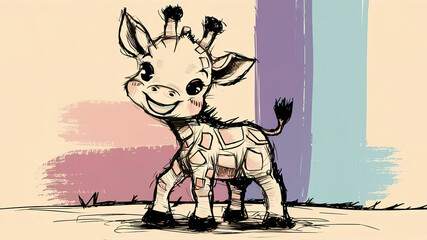 A whimsical and endearing illustration of a modern baby giraffe