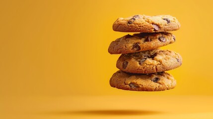 Fototapeta na wymiar A stack of chocolate chip cookies against a yellow-orange backdrop One cookie is biten