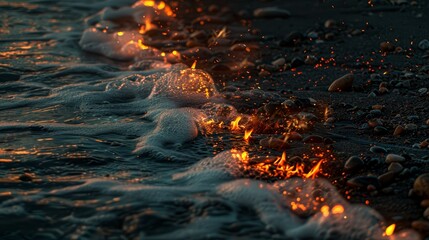   A tight shot of a fire burning on a beach, with a body of water and rocks or pebbles visible in the foreground