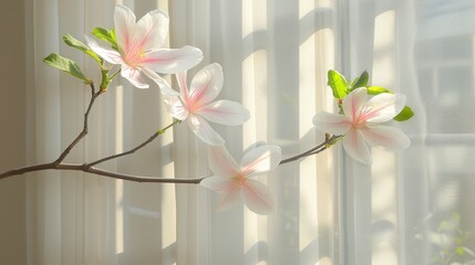   A window reveals a tree branch bearing white and pink blossoms, bathed in sunlight filtering through the blinds