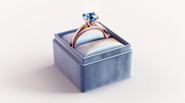 A 3D icon of an engagement ring, featuring a gemstone ring in a gift box. This isolated object is illustrated on a white background.