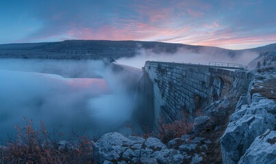 A large dam with a foggy sky and water. Generative AI.