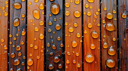   Several raindrops cluster on the wooden fence's side, with an orange and black hue covering it