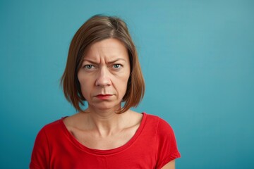 forty year old woman mid sized with a bob hair cut with highlights wearing a red tshirt, pastel blue background, Karen