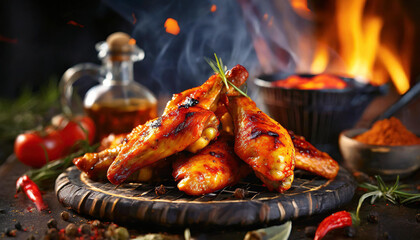 Marinated chicken wings on dark background. Tasty meal. Delicious food for dinner. Barbecue menu.