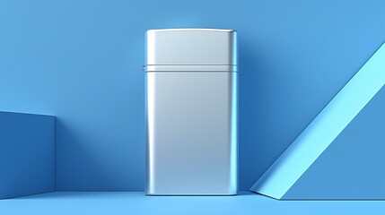   A white refrigerator freezer atop a blue floor, adjacent to a blue paper block and a blue wall
