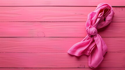   A pink scarf lies on a pink wooden floor, near a pair of scissors